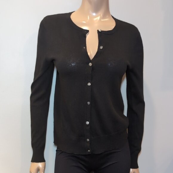 Ann Taylor Buttoned Cardigan Sweater Cotton Knit Crew Neck Womens Medium Black - Picture 3 of 10